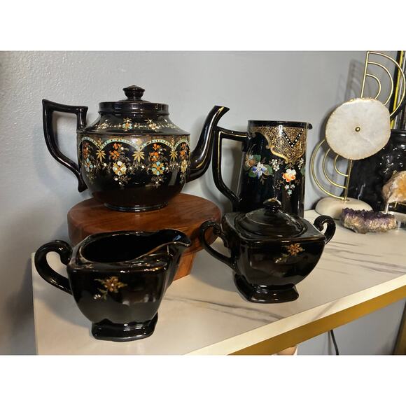 Antique Price Bros England Teapot Set – Hand-Painted Black Luster – 4-Piece Set - Picture 10 of 14